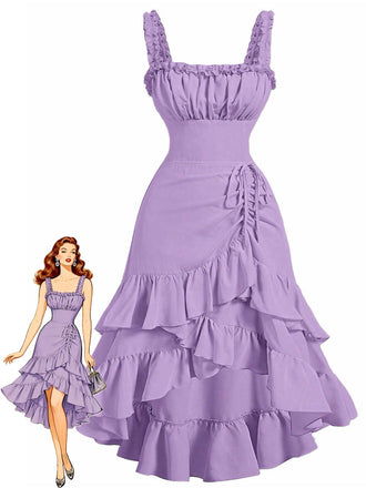 Robe à bretelles froncées et ourlet à volants années 1950