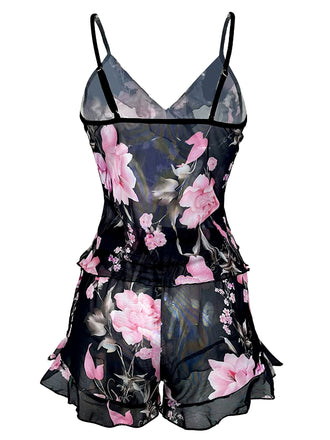 Ensemble pyjama fleurie noir à volants col V années 1930