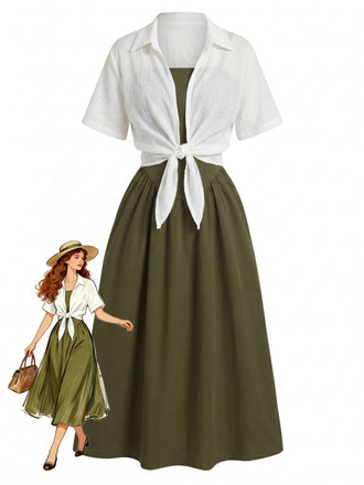 Ensemble 2 Pièces Robe Midi Smockée à Bretelles et Chemise Courte Années 50
