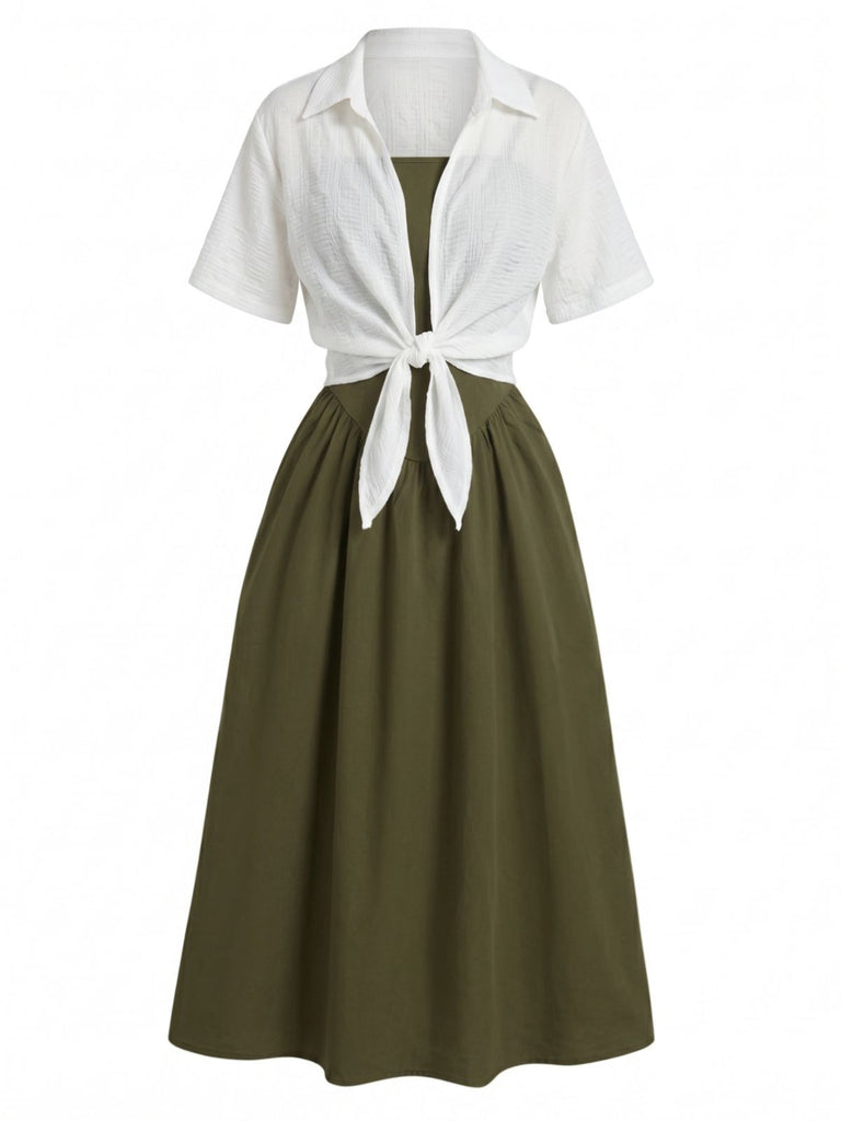 Ensemble 2 Pièces Robe Midi Smockée à Bretelles et Chemise Courte Années 50