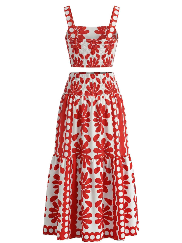 2PCS Top et Jupe Floral Géométrique Col Carré Années 1960 3