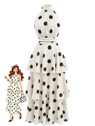 Beige 1950s Floral Polka Dot Sleeveless Halter Skirt Set - vintage skirt, retro style