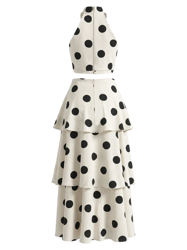 Beige 1950s Floral Polka Dot Sleeveless Halter Skirt Set - vintage skirt, retro style
