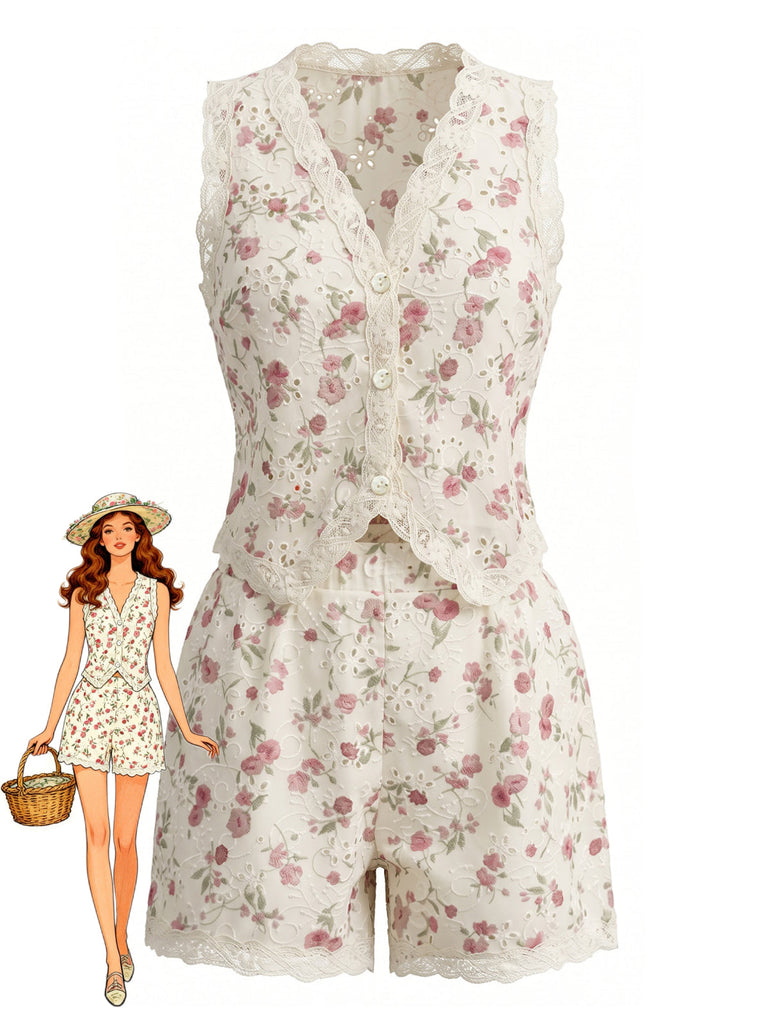 Ensemble 2 Pièces Top Floral Dentelle Patchwork et Short Beige Années 40