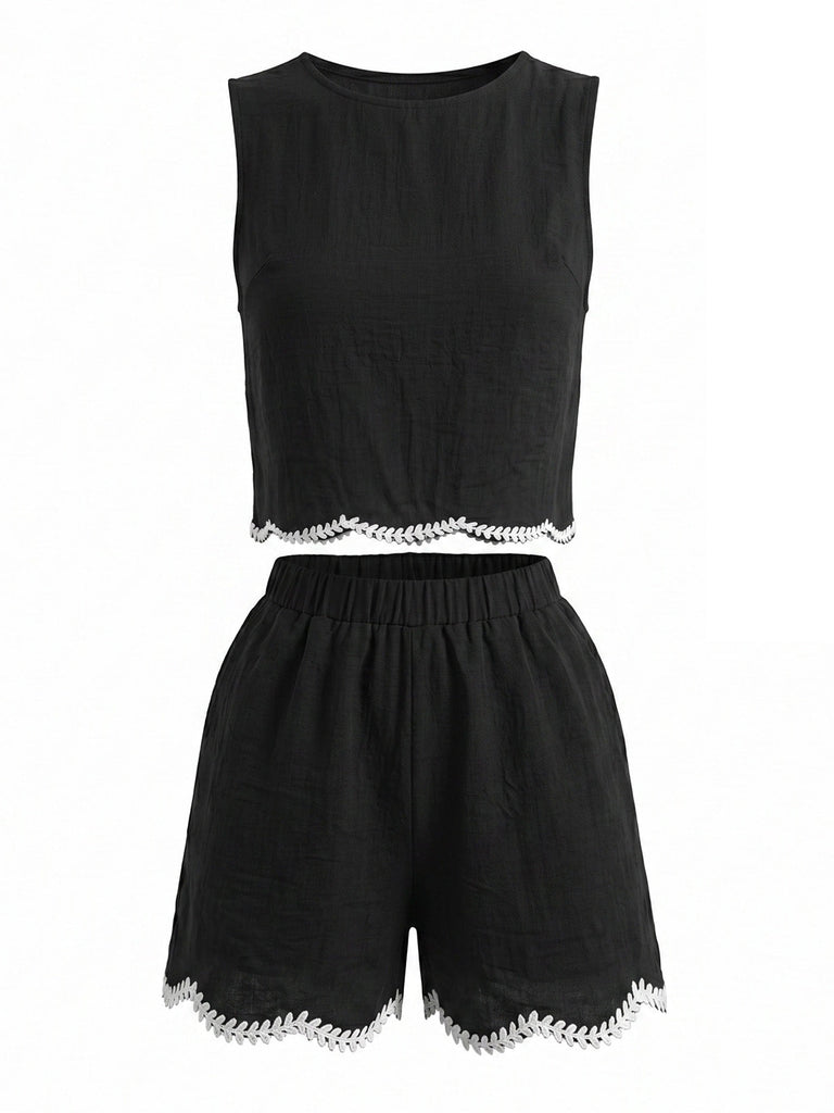 Ensemble 2 Pièces Gilet Sans Manches Crochet et Short Noir Années 50