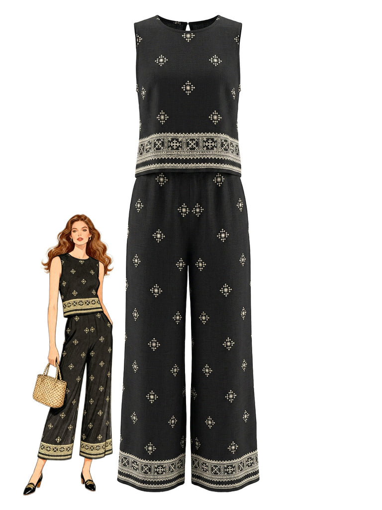 Ensemble 2 Pièces Top Bohème Col Rond et Pantalon Noir Années 70