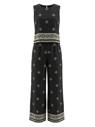 Ensemble 2 Pièces Top Bohème Col Rond et Pantalon Noir Années 70