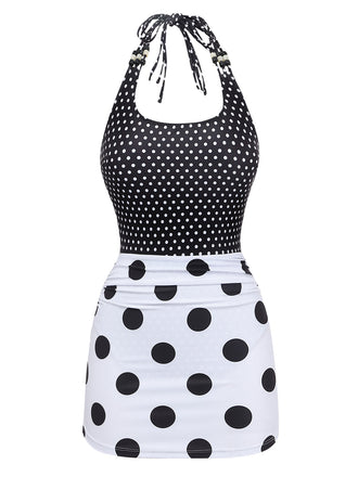[Prévente] 2PCS Noir & Blanc Perlé Halter à Pois Maillot de Bain Années 1960 2