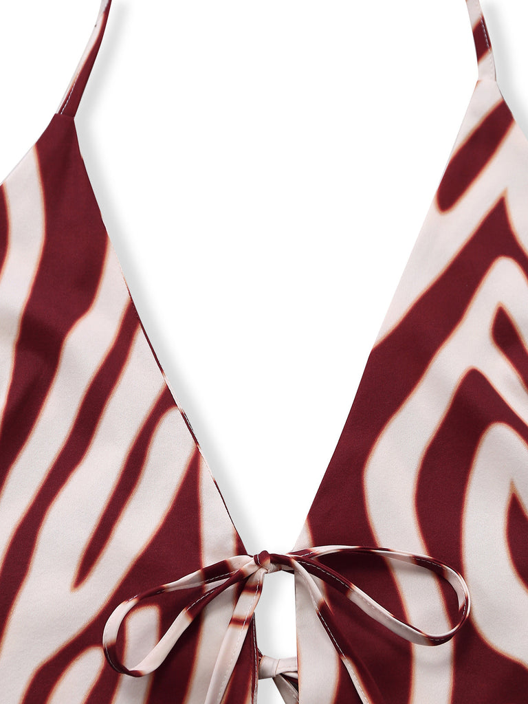 2PCS-Brown-1970s-Halter-Deep-V-Striped-Top-Shorts-Collar-Detail