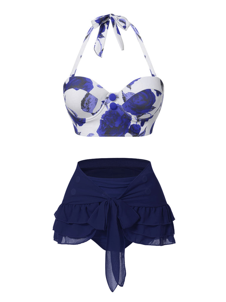 [Prévente] 2PCS Maillot de bain licou roses et jupe cache-maillot bleu des années 1960