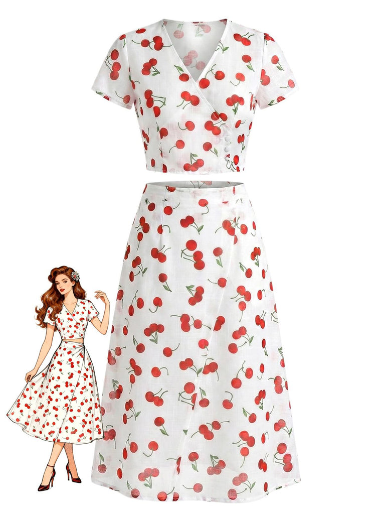 Ensemble 2 Pièces Crop Top Col V Imprimé Cerises & Jupe Rouge Années 1960