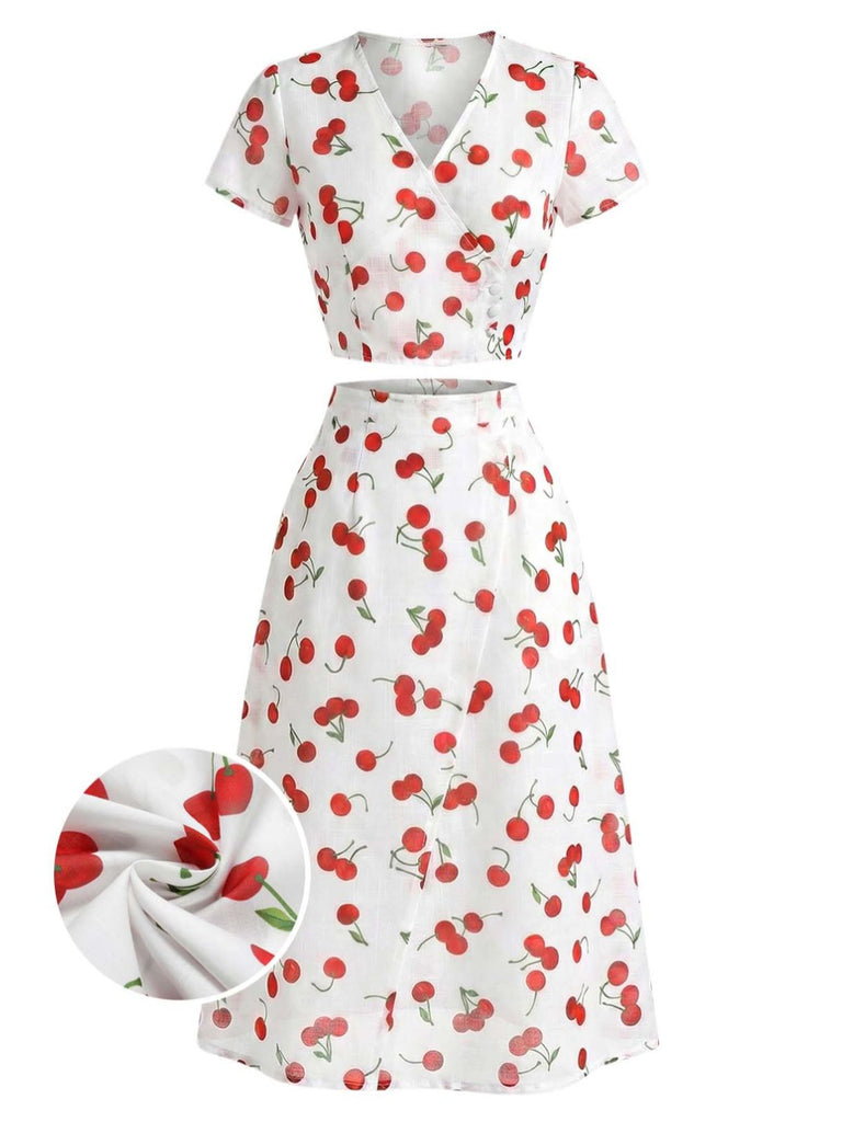 Ensemble 2 Pièces Crop Top Col V Imprimé Cerises & Jupe Rouge Années 1960 2
