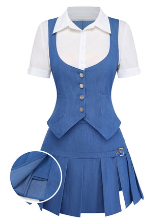 Blue school uniform with vest and skirt on a white background