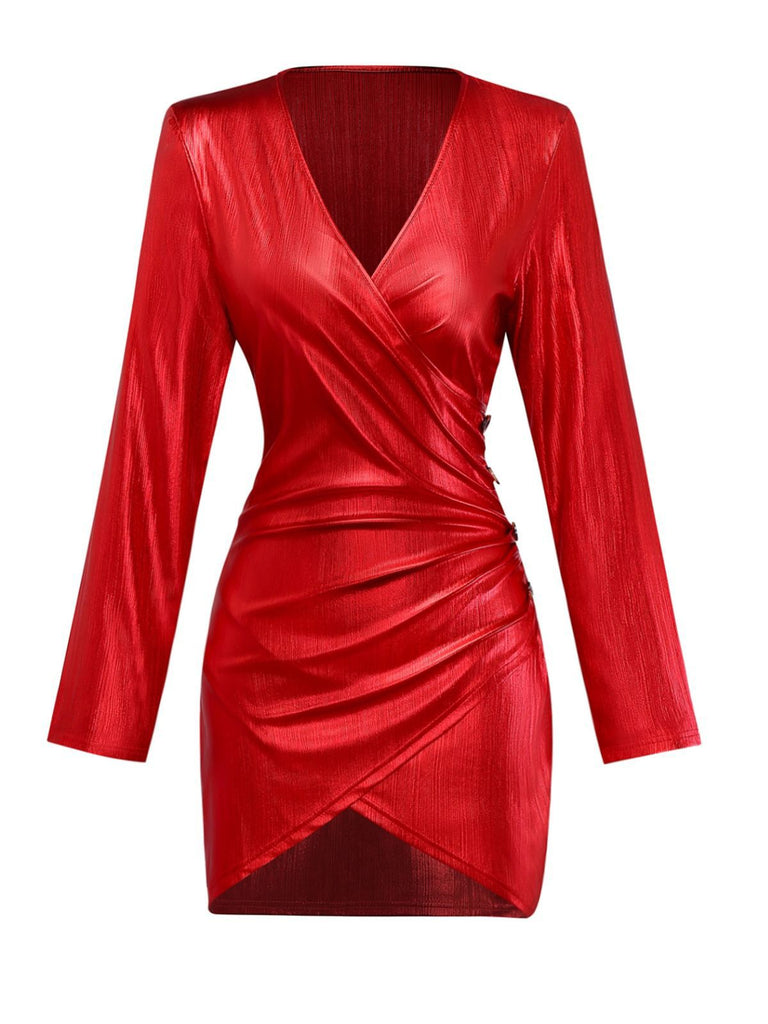 [Pré-vente] Robe moulante brillant rouge col en V et fente des années 1960