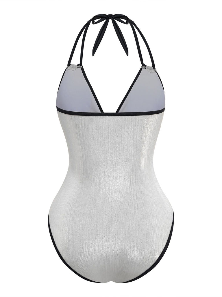 Maillot de bain une pièce licou fines bretelles métallisé brillant 1950s