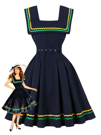 Robe sans manches à rayures ondulées bleu marine col carré années 1950