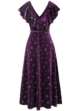 Robe à volants en velours col en V et étoiles violet des années 40