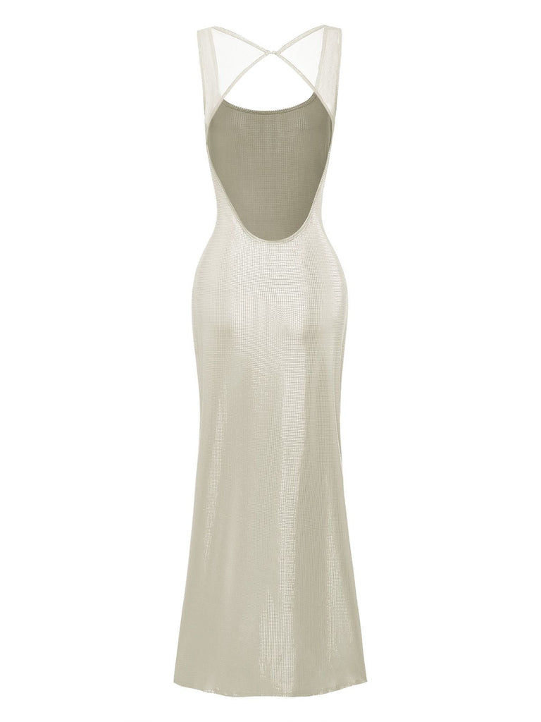 Robe uni maille pailletée boucle col carré 1980s