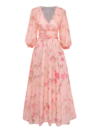 Robe en mousseline rose pâle à fleurs et col en V années 1930