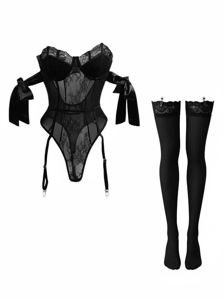 Ensemble pyjama body à nœud papillon uni avec bas assortis années 1980