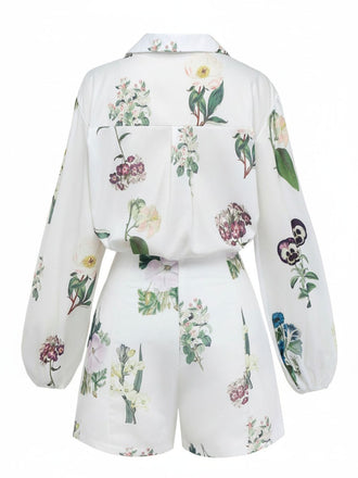 2PCS Ensemble Blouse Lin Fleurie Short Blanc Année 1960