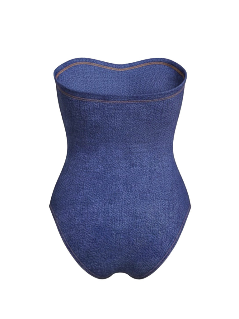 2PCS Maillot de bain bustier en jean à nœud et paréo rayé années 1980