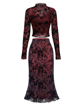 3PCS Ensemble transparent motif floral floqué rouge vin années 1930