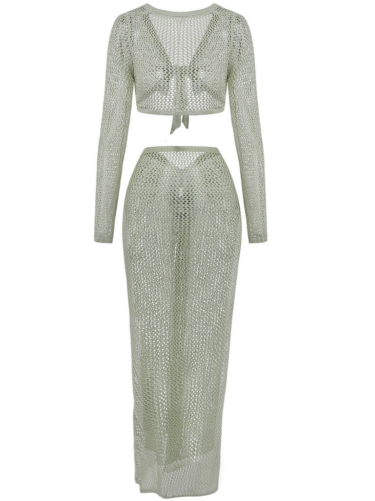 2PCS Ensemble de paréo de plage vert à manches longues en crochet années 1960