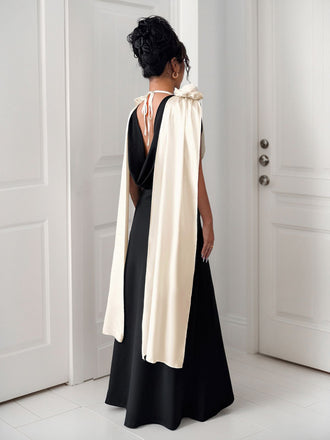 Robe cape roses 3D à col en V colorblock années 1930