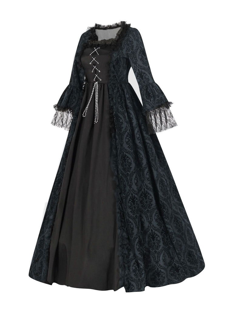 Robe noire gothique victorienne à manches cloche dentelle années 1950