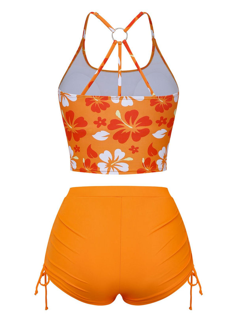 Ensemble bikini dos nu fleurs orange 1960s