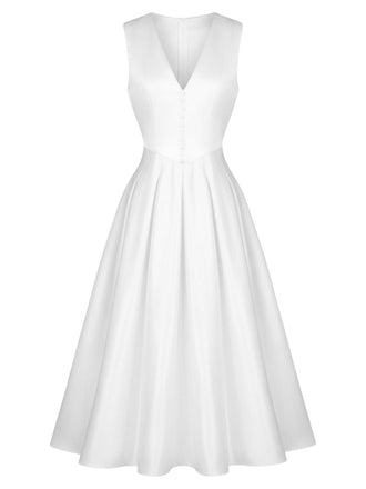 Robe blanche unie sans manches col en V boutons années 1950