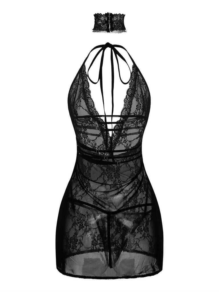 Nuisette sexy en dentelle dos nu à col en V années 1980