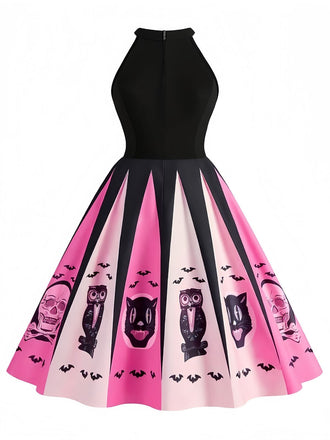 [Prévente] Robe trapèze noire et rose imprimé effrayant Halloween années 1950