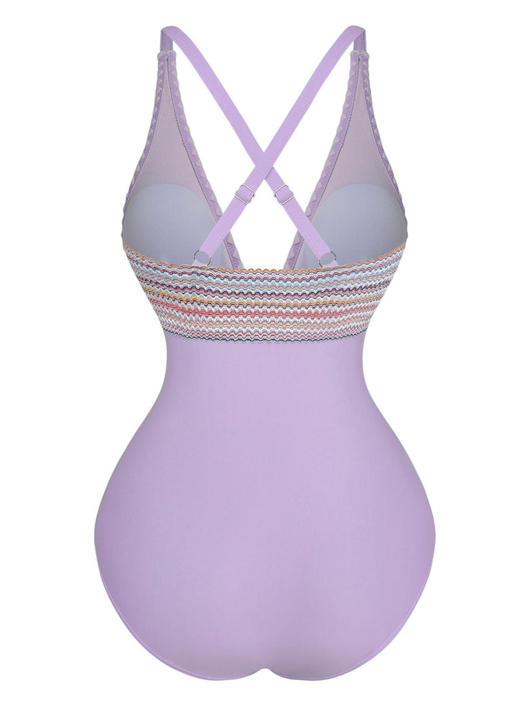 Maillot De Bain Une Pièce Col V Profond Ondulé Patchwork Année 1940