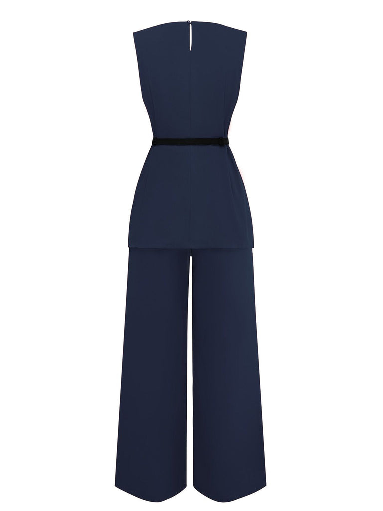 2PCS Ensemble Gilet Sans Manches Pantalon Ceinturé Années 1960