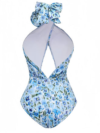 Maillot de bain dos nu creux bleu imprimé floral 3D roses années 1930