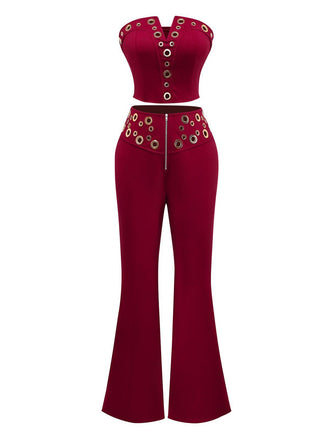 2PCS Haut & Pantalon Punk Sans Bretelles Boucle Métallique Année 1970