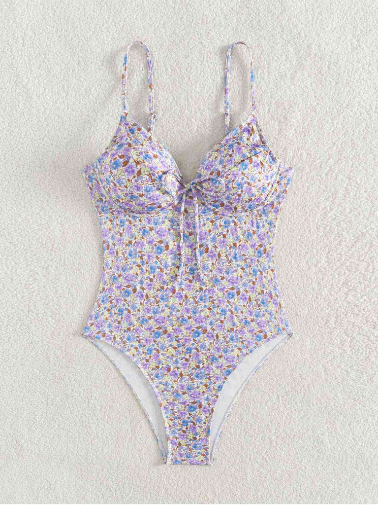 Maillot de bain une pièce violet à lacets floral des années 1950