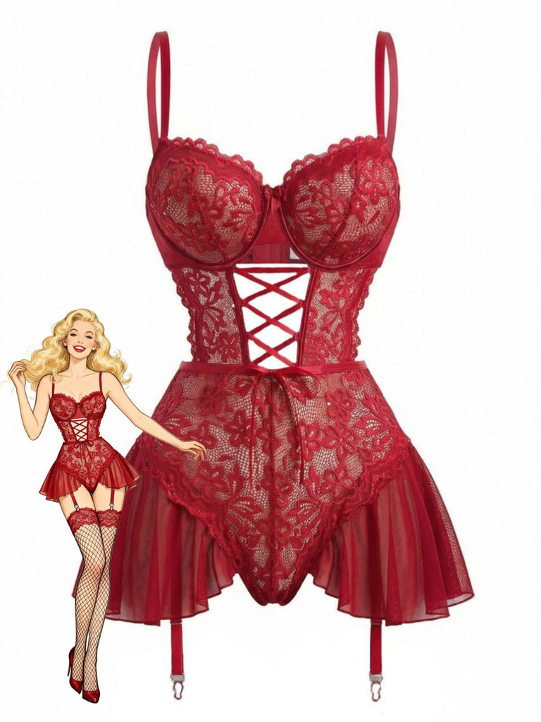 Nuisette en dentelle transparente et résille avec jarretières années 1960