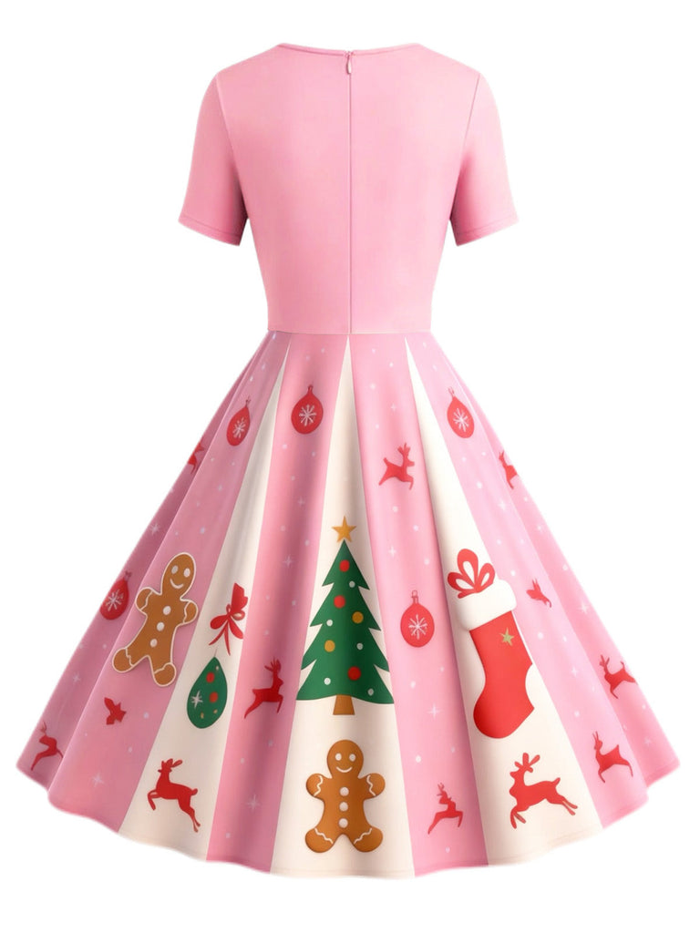 [Prévente] Robe trapèze rose motif flocon de neige des années 1950