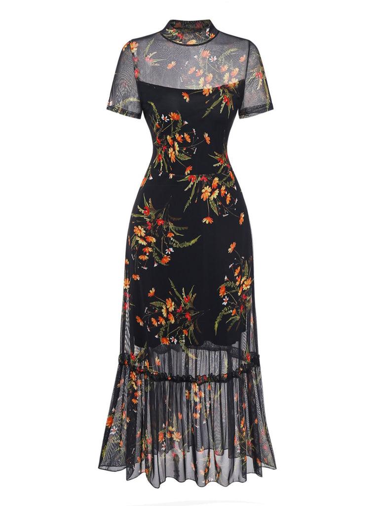 Robe midi noire à volants en résille florale années 1930