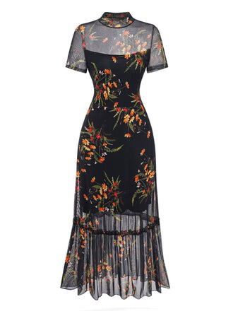 Robe midi noire à volants en résille florale années 1930