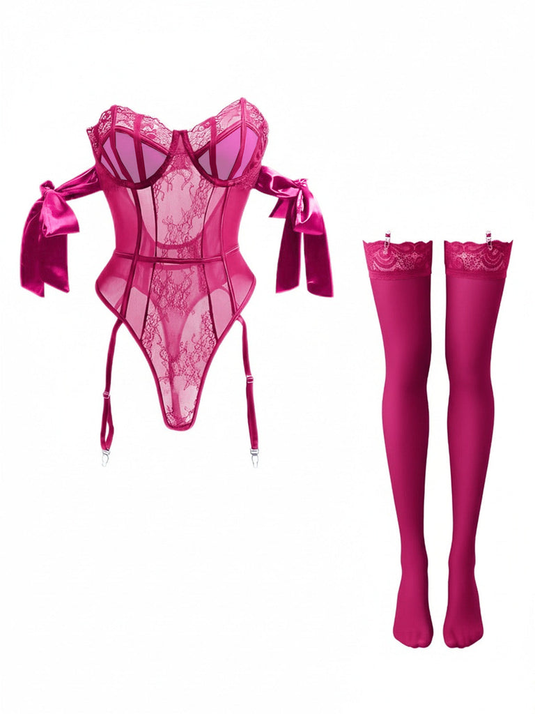 Ensemble pyjama body à nœud papillon uni avec bas assortis années 1980