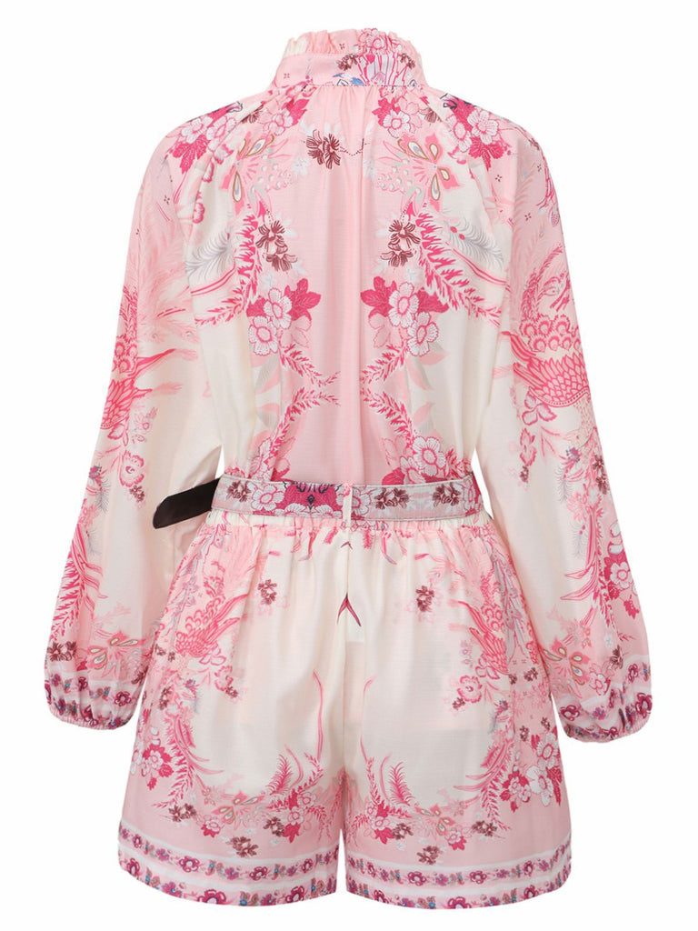 2PCS Chemisier fleuri bohème rose et short taille haute années 1970