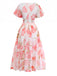 Robe longue rose à imprimé floral col en V et manches bouffantes années 1950