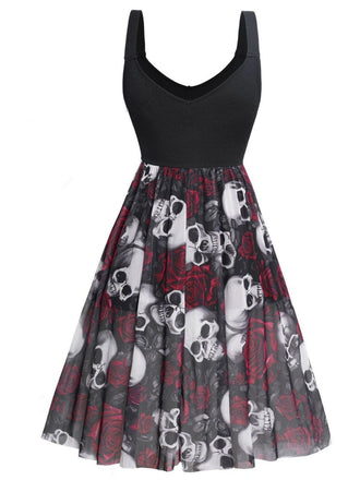 Robe gothique Halloween col en V motif tête de mort et roses des années 1950