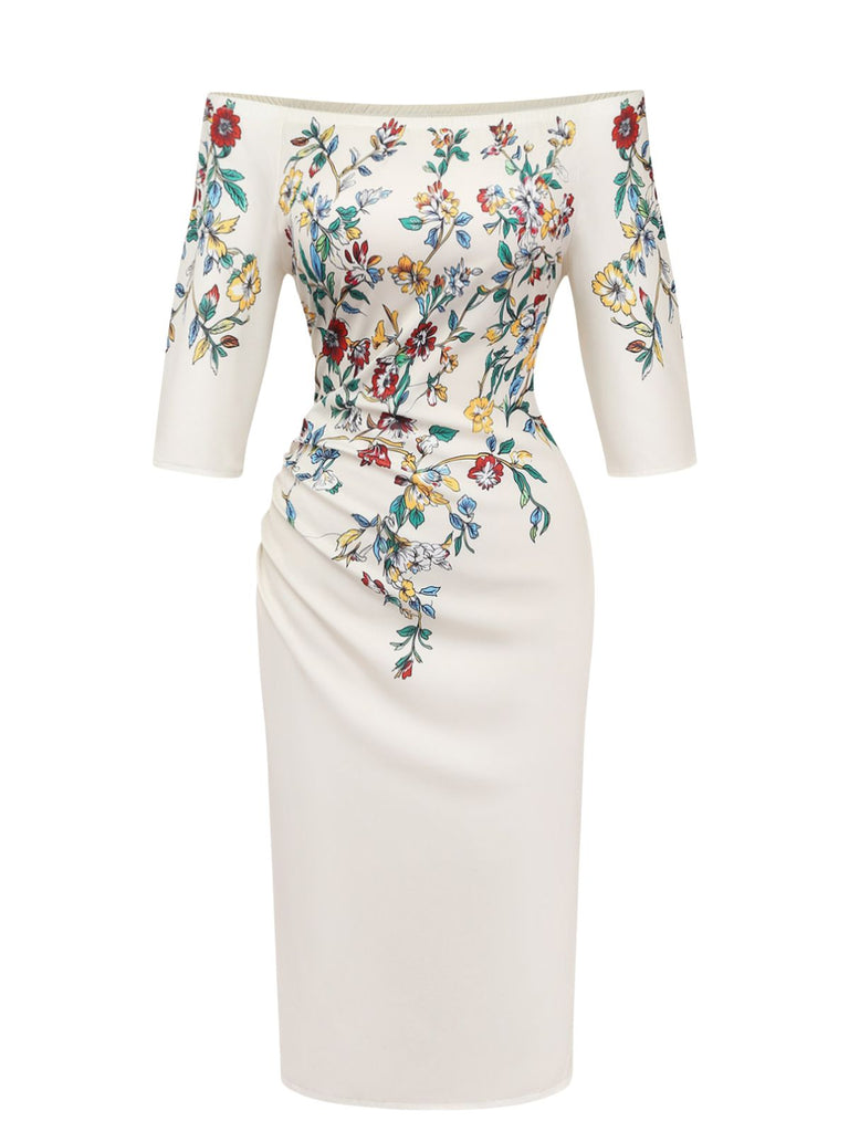 Robe beige moulante à fleurs et épaules dénudées années 1960