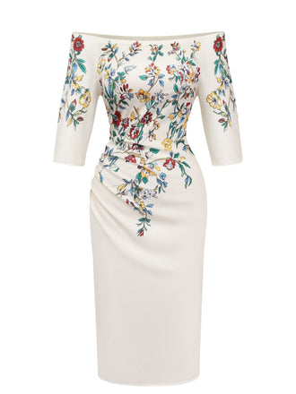 Robe beige moulante à fleurs et épaules dénudées années 1960