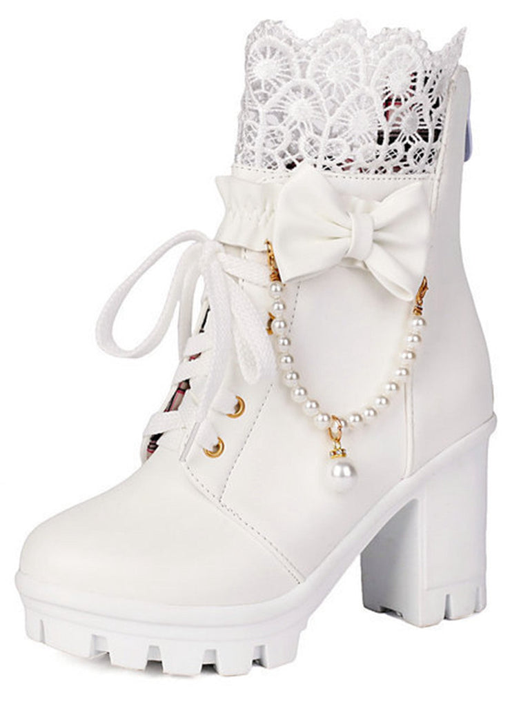 Bottes À Talons Épais Dentelle Perles Nœud Vintage